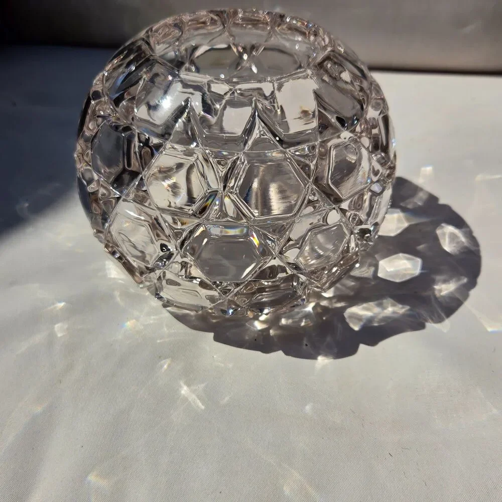 Vintage Heavy Geometric Glass Ball Vase Rose Bowl Hexagon Design 6